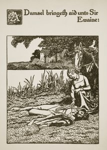 Una doncella trae ayuda a Sir Ewaine, ilustración de 